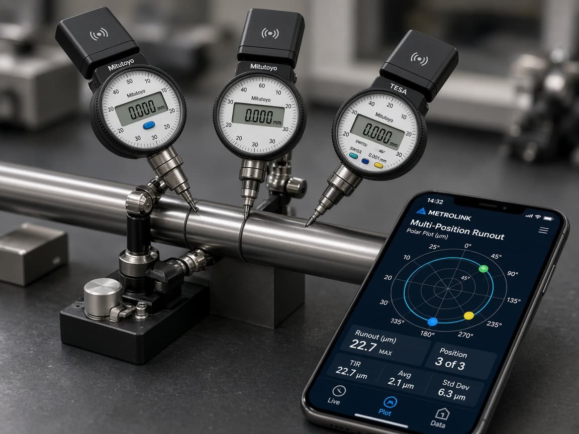 USB-to-wireless dial indicators and multi-position runout app